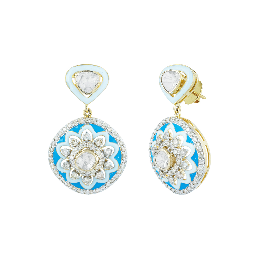 Blue Enamel Flower Polki Earrings with Diamond Halos